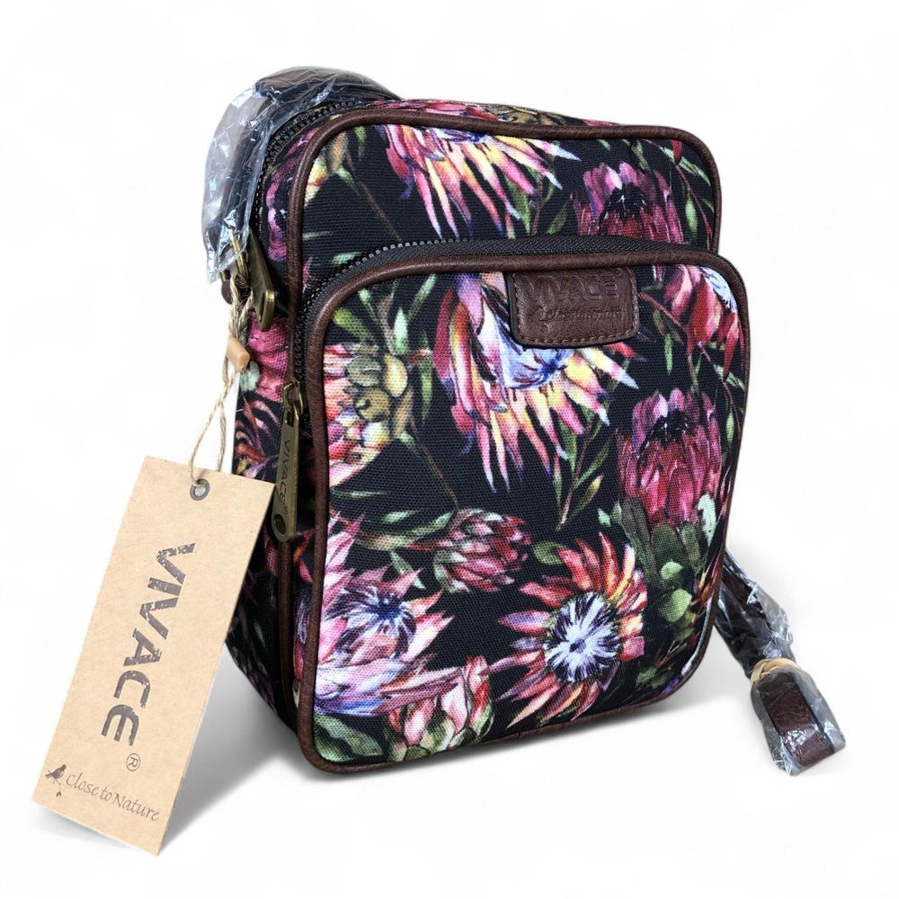 VIVACE BLACK Canvas Sling Bag with BROWN TRIM and PROTEAS
