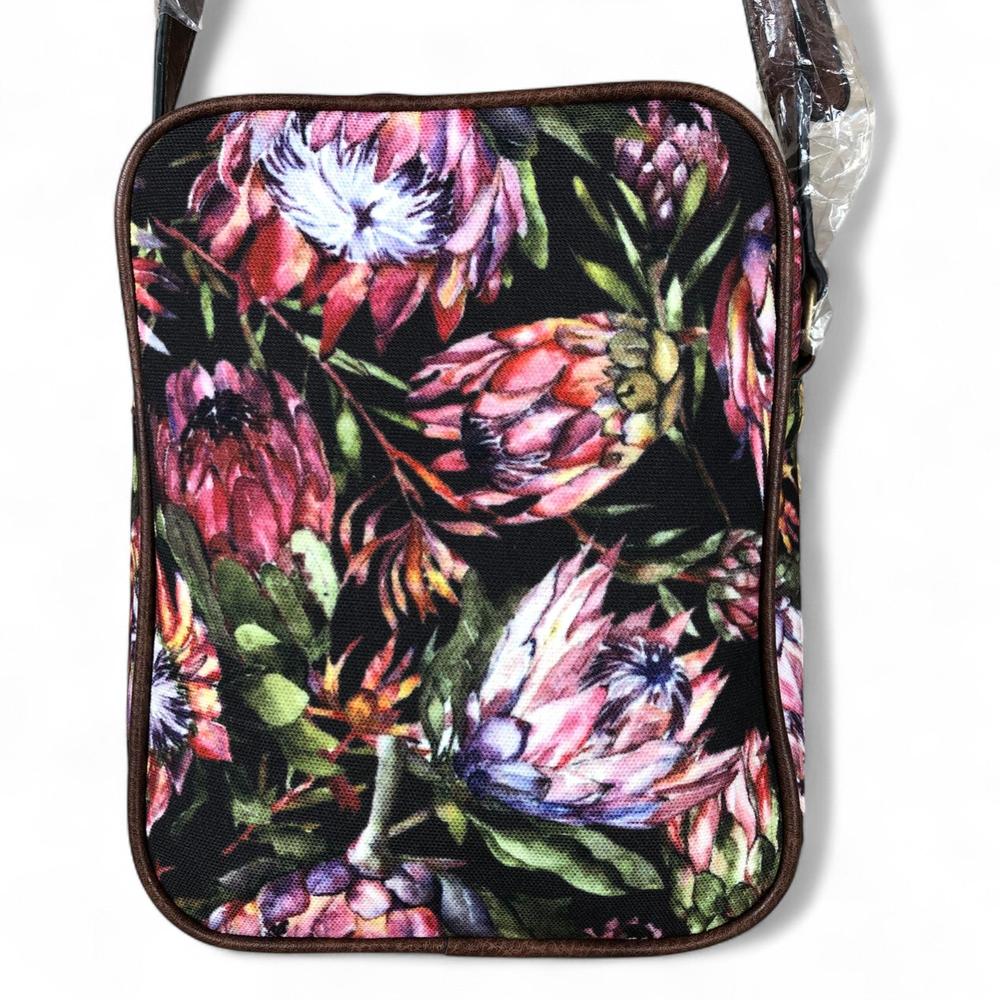 VIVACE BLACK Canvas Sling Bag with BROWN TRIM and PROTEAS
