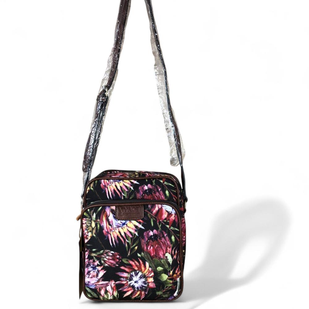 VIVACE BLACK Canvas Sling Bag with BROWN TRIM and PROTEAS