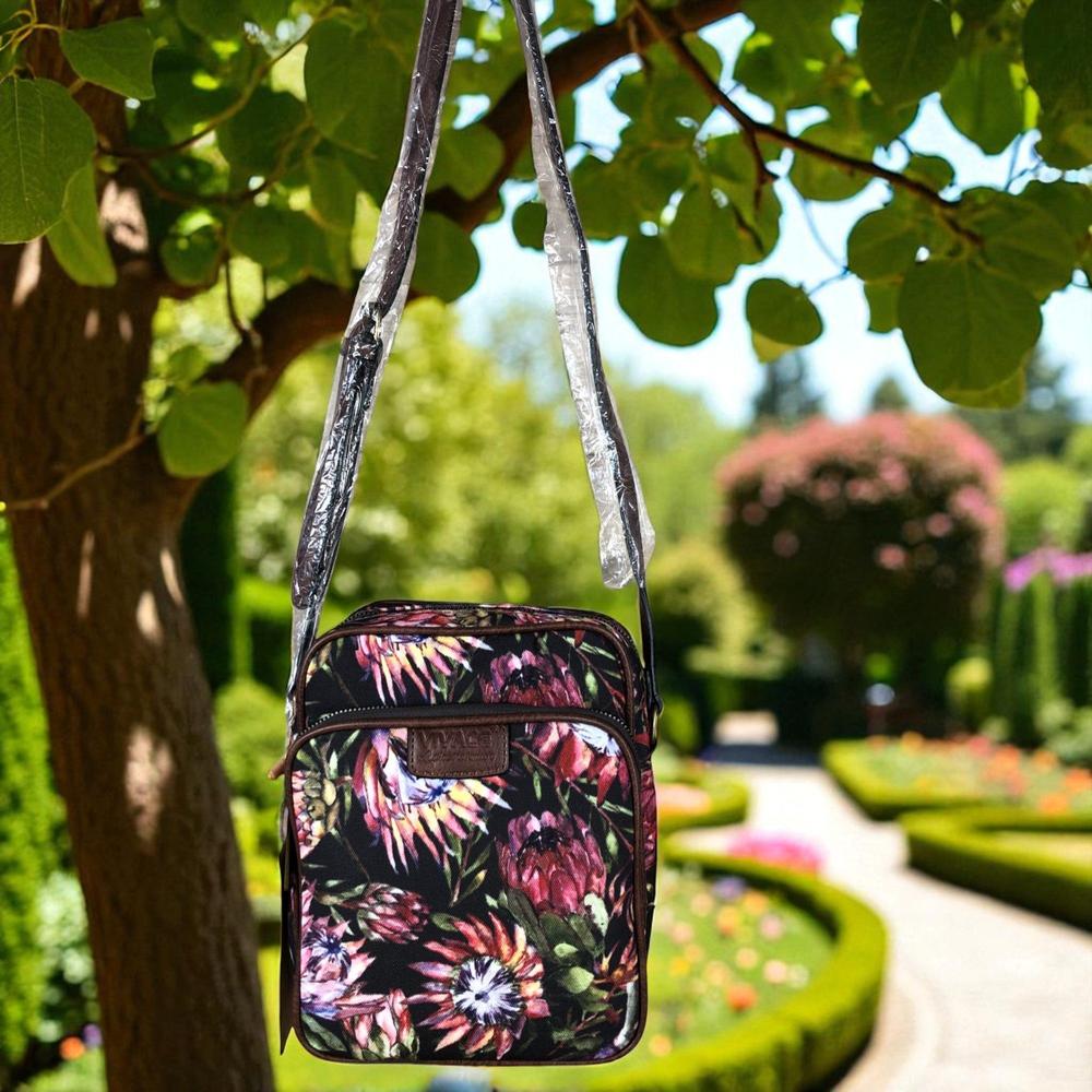 VIVACE BLACK Canvas Sling Bag with BROWN TRIM and PROTEAS
