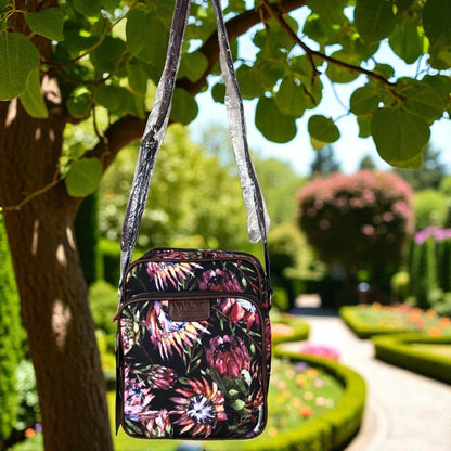 VIVACE BLACK Canvas Sling Bag with BROWN TRIM and PROTEAS