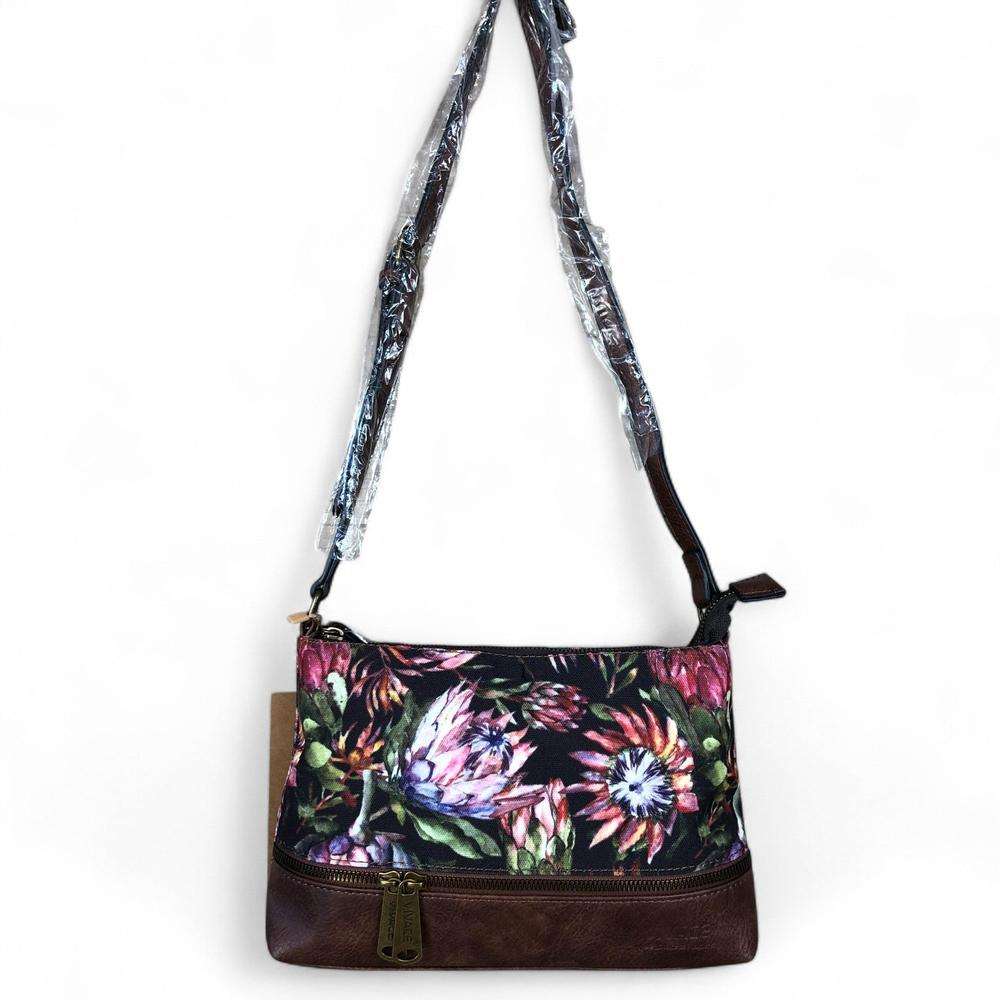 VIVACE Sling Bag: BLACK Canvas with PROTEA Print and BROWN PU Leather TRIM LONG