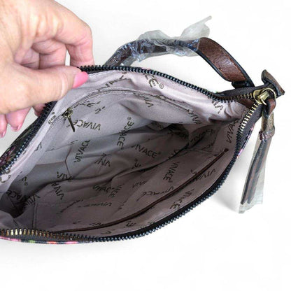 VIVACE Sling Bag: BLACK Canvas with PROTEA Print and BROWN PU Leather TRIM OPEN