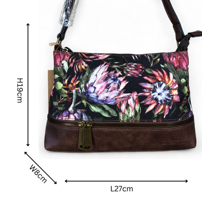 VIVACE Sling Bag: BLACK Canvas with PROTEA Print and BROWN PU Leather TRIM SIZED