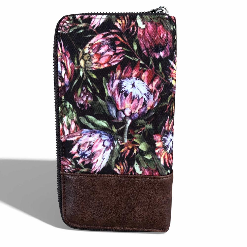 VIVACE Wallet: Large BLACK Canvas PROTEA Design with BROWN PU Leather Trim