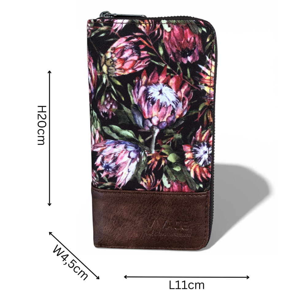 VIVACE Wallet: Large BLACK Canvas PROTEA Design with BROWN PU Leather Trim