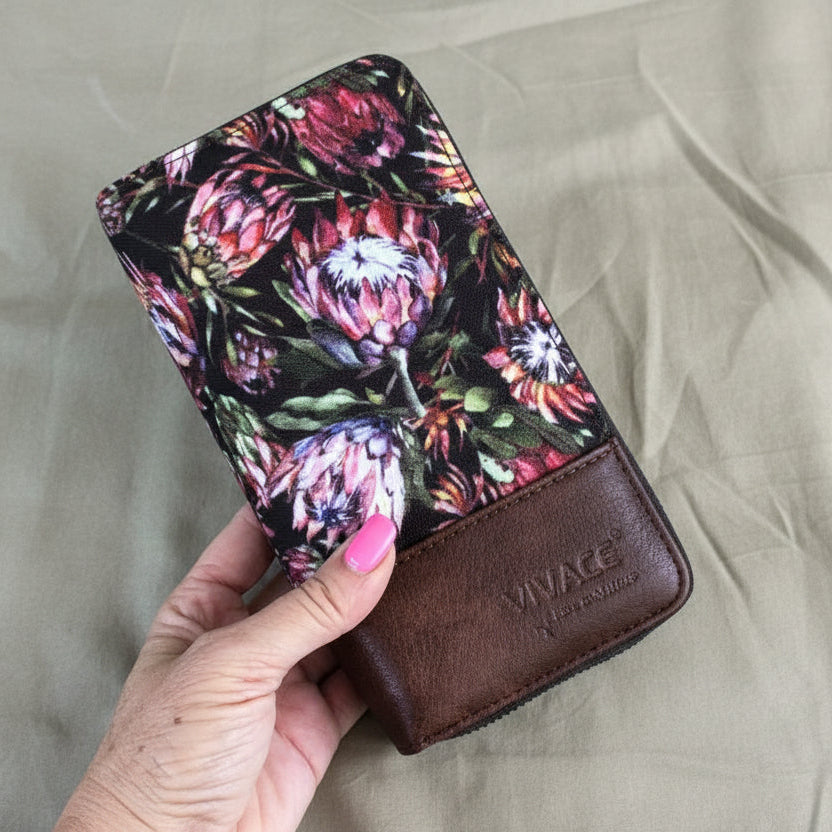 VIVACE Wallet: Large BLACK Canvas PROTEA Design with BROWN PU Leather Trim