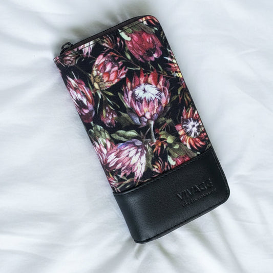VIVACE Wallet: Large Black Canvas with Protea Design & Black PU Trim