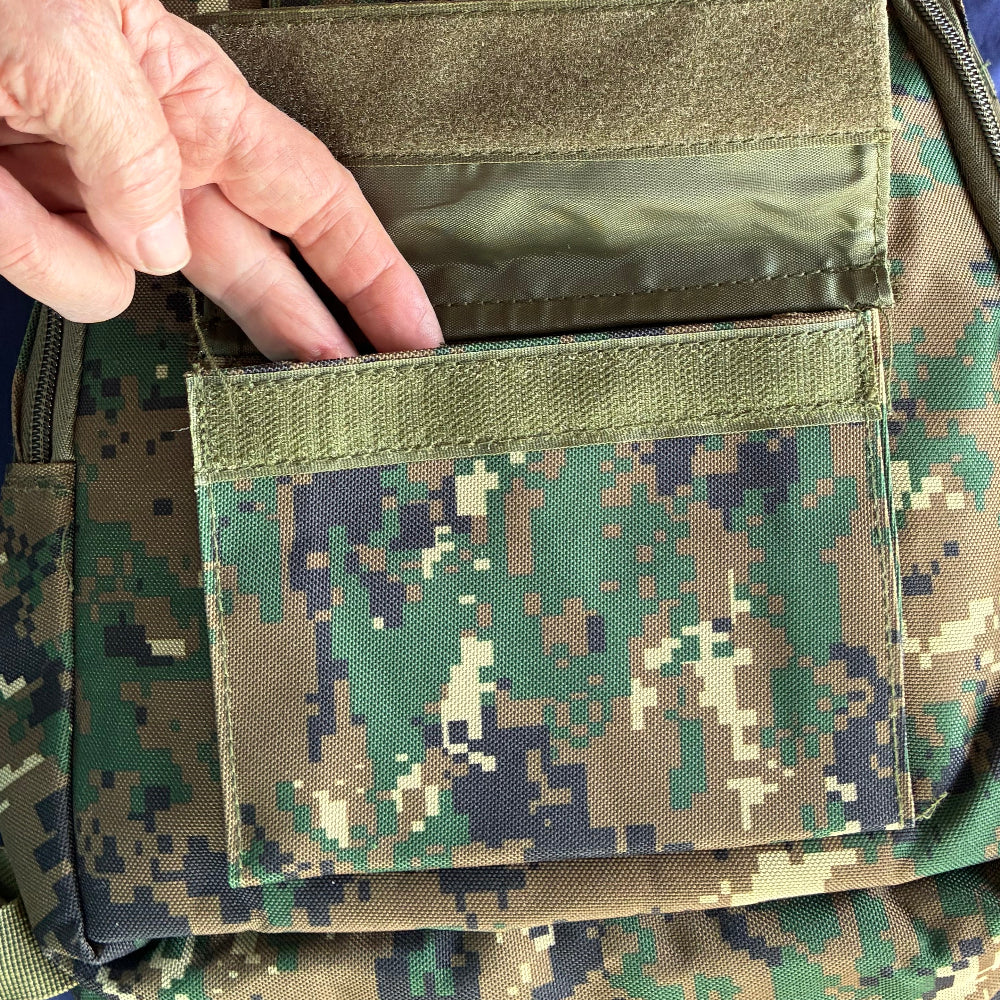 VIVACE BACKPACK: Digital Woodland Camo Canvas Light Backpack FRONT POCKET OPEN VIEW
