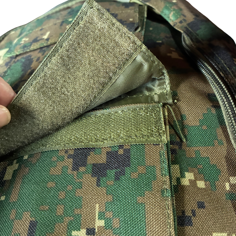 VIVACE BACKPACK: Digital Woodland Camo Canvas Light Backpack VELCRO POCKET CLOSURE VIEW