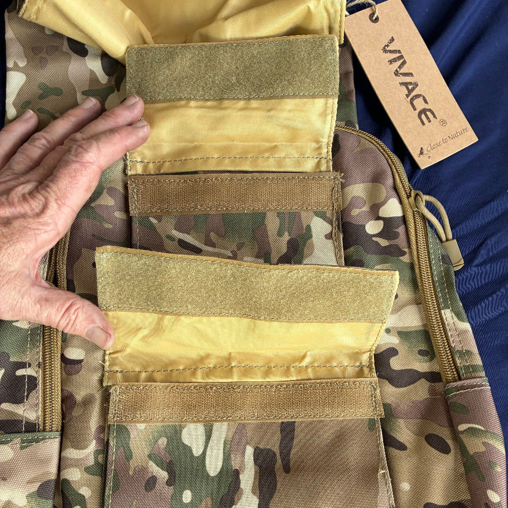 VIVACE BACKPACK: MultiCam Camo Canvas Light Backpack FRONT OPEN POCKETS VIEW