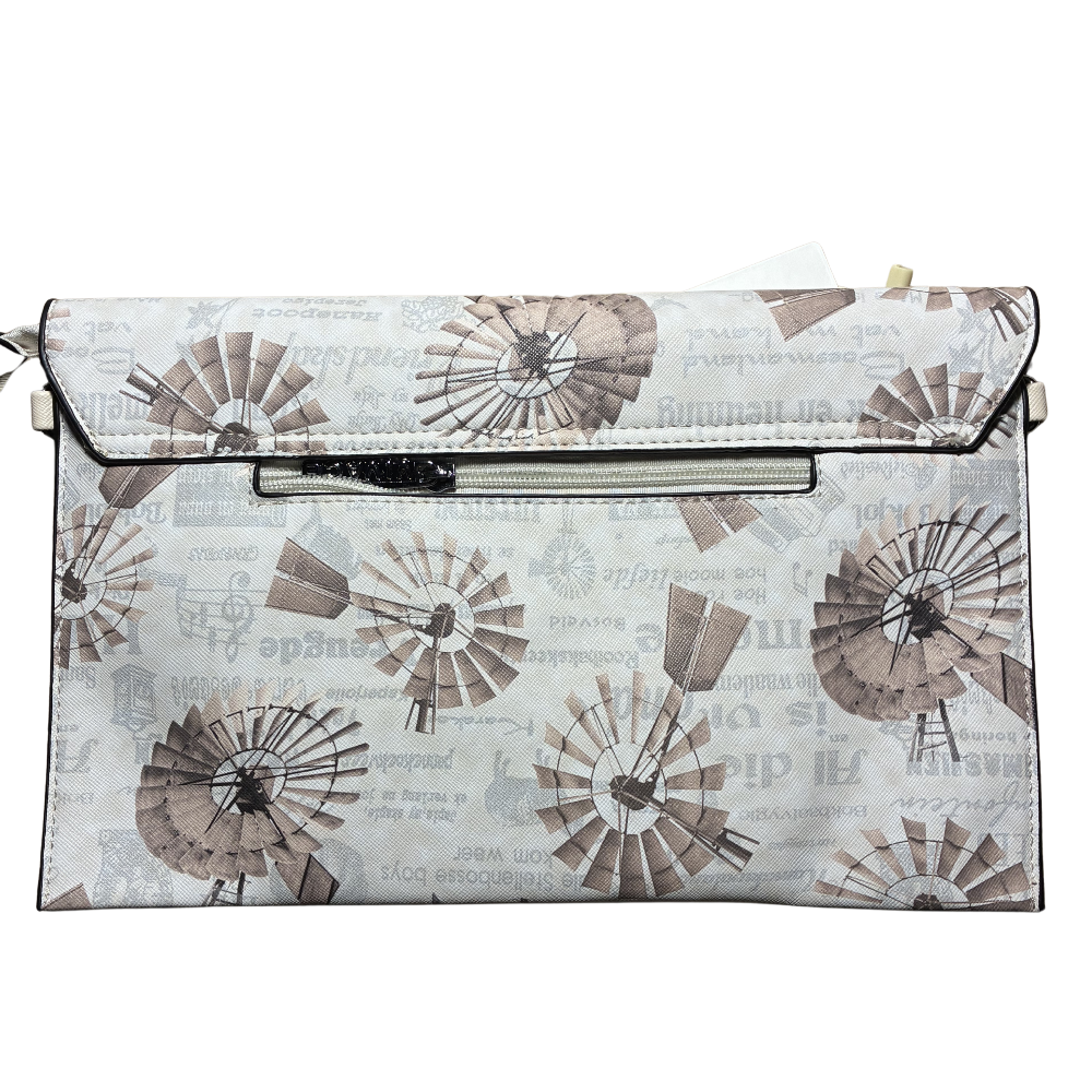 VIVACE CLUTCH BAG: BEIGE FAUX Leather SLING BAG with BROWN WINDMILL Print BACK