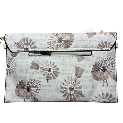 VIVACE CLUTCH BAG: BEIGE FAUX Leather SLING BAG with BROWN WINDMILL Print BACK