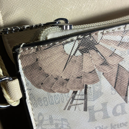 VIVACE CLUTCH BAG: BEIGE FAUX Leather SLING BAG with BROWN WINDMILL Print DETAIL