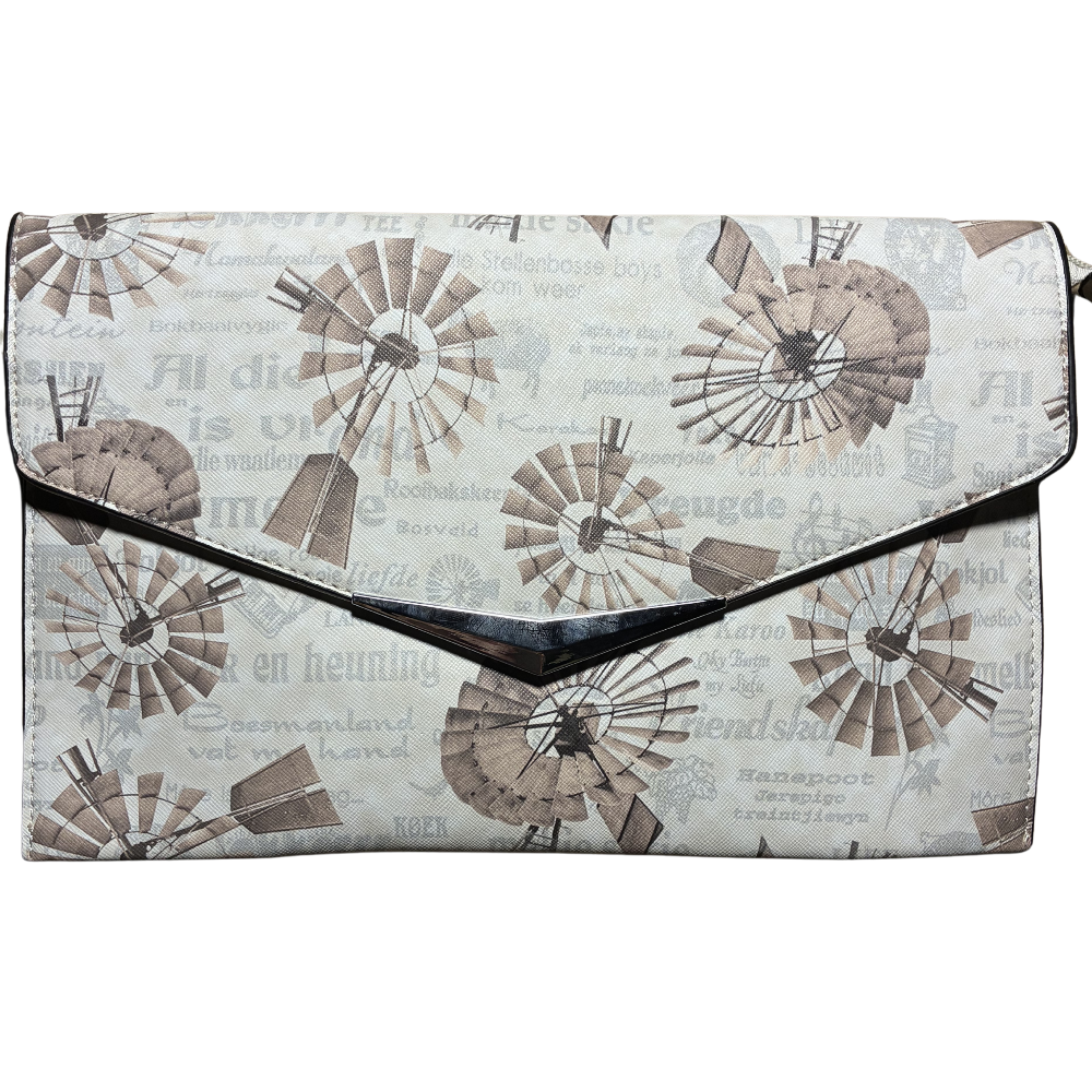 VIVACE CLUTCH BAG: BEIGE FAUX Leather SLING BAG with BROWN WINDMILL Print FRONT VIEW