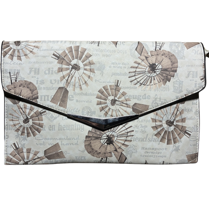 VIVACE CLUTCH BAG: BEIGE FAUX Leather SLING BAG with BROWN WINDMILL Print FRONT VIEW