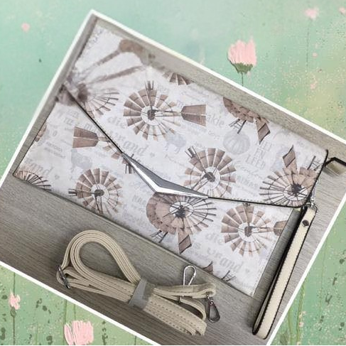 VIVACE CLUTCH BAG: BEIGE FAUX Leather SLING BAG with BROWN WINDMILL Print SET