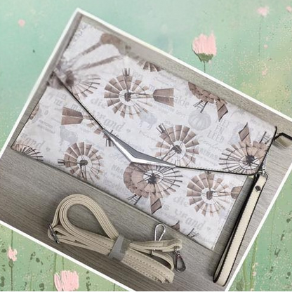 VIVACE CLUTCH BAG: BEIGE FAUX Leather SLING BAG with BROWN WINDMILL Print SET