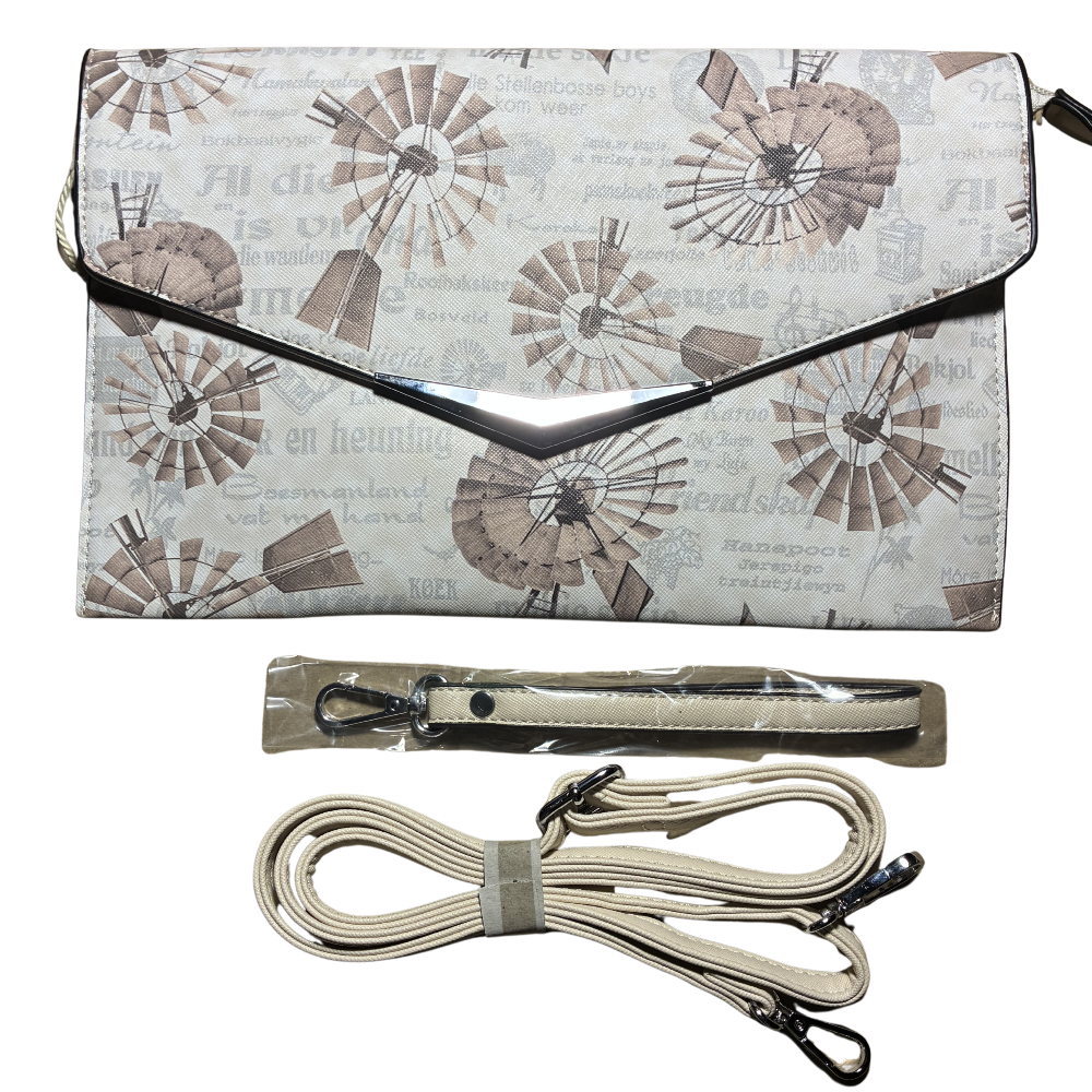 VIVACE CLUTCH BAG: BEIGE FAUX Leather SLING BAG with BROWN WINDMILL Print SET