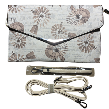 VIVACE CLUTCH BAG: BEIGE FAUX Leather SLING BAG with BROWN WINDMILL Print SET