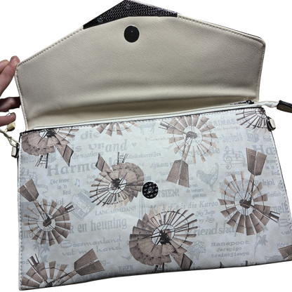 VIVACE CLUTCH BAG: BEIGE FAUX Leather SLING BAG with BROWN WINDMILL Print SIDE FLAP OPEN