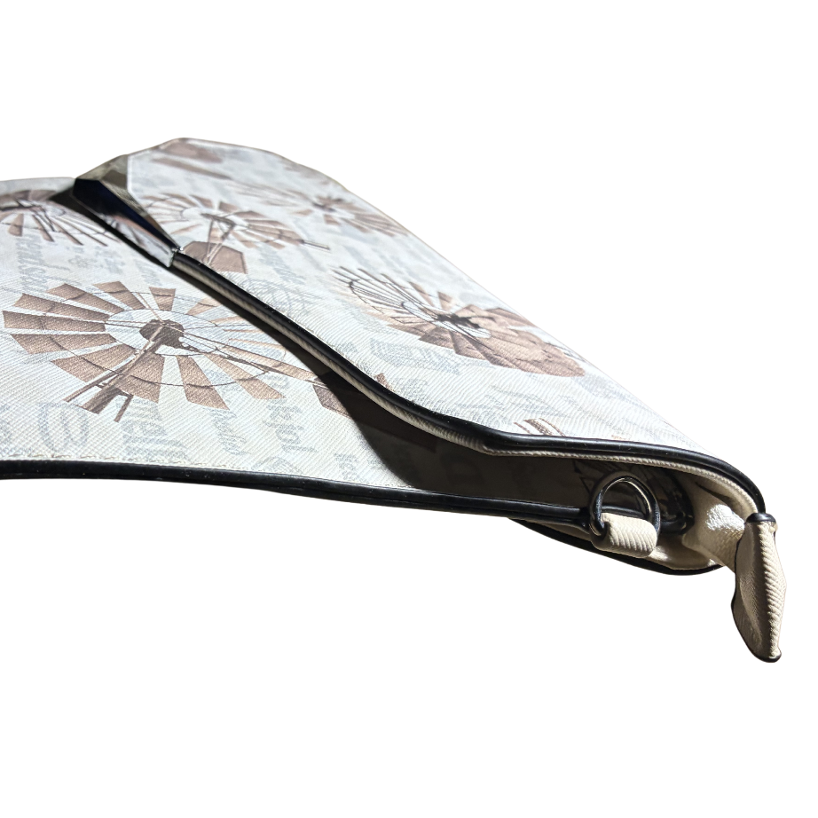 VIVACE CLUTCH BAG: BEIGE FAUX Leather SLING BAG with BROWN WINDMILL Print SIDE VIEW