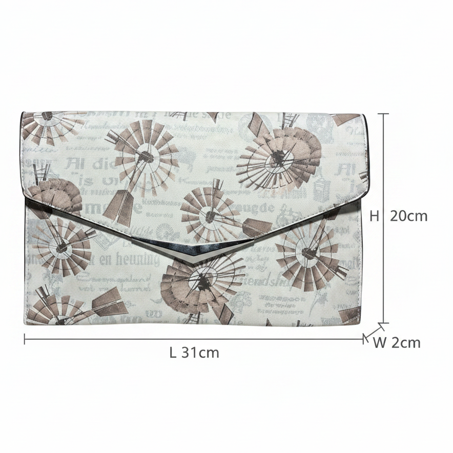VIVACE CLUTCH BAG: BEIGE FAUX Leather SLING BAG with BROWN WINDMILL Print SIZE