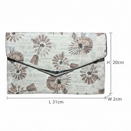 VIVACE CLUTCH BAG: BEIGE FAUX Leather SLING BAG with BROWN WINDMILL Print SIZE
