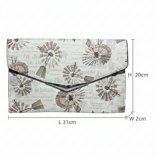 VIVACE CLUTCH BAG: BEIGE FAUX Leather SLING BAG with BROWN WINDMILL Print SIZE