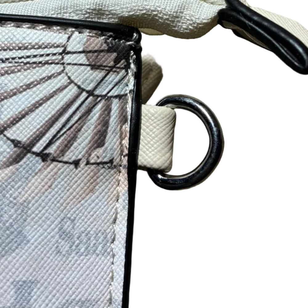 VIVACE CLUTCH BAG: BEIGE FAUX Leather SLING BAG with BROWN WINDMILL Print SLING ATTACHMENT