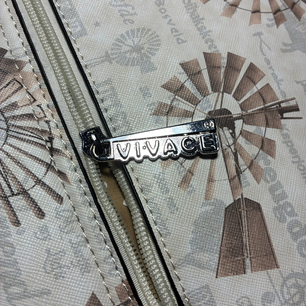 VIVACE CLUTCH BAG: BEIGE FAUX Leather SLING BAG with BROWN WINDMILL Print ZOOM