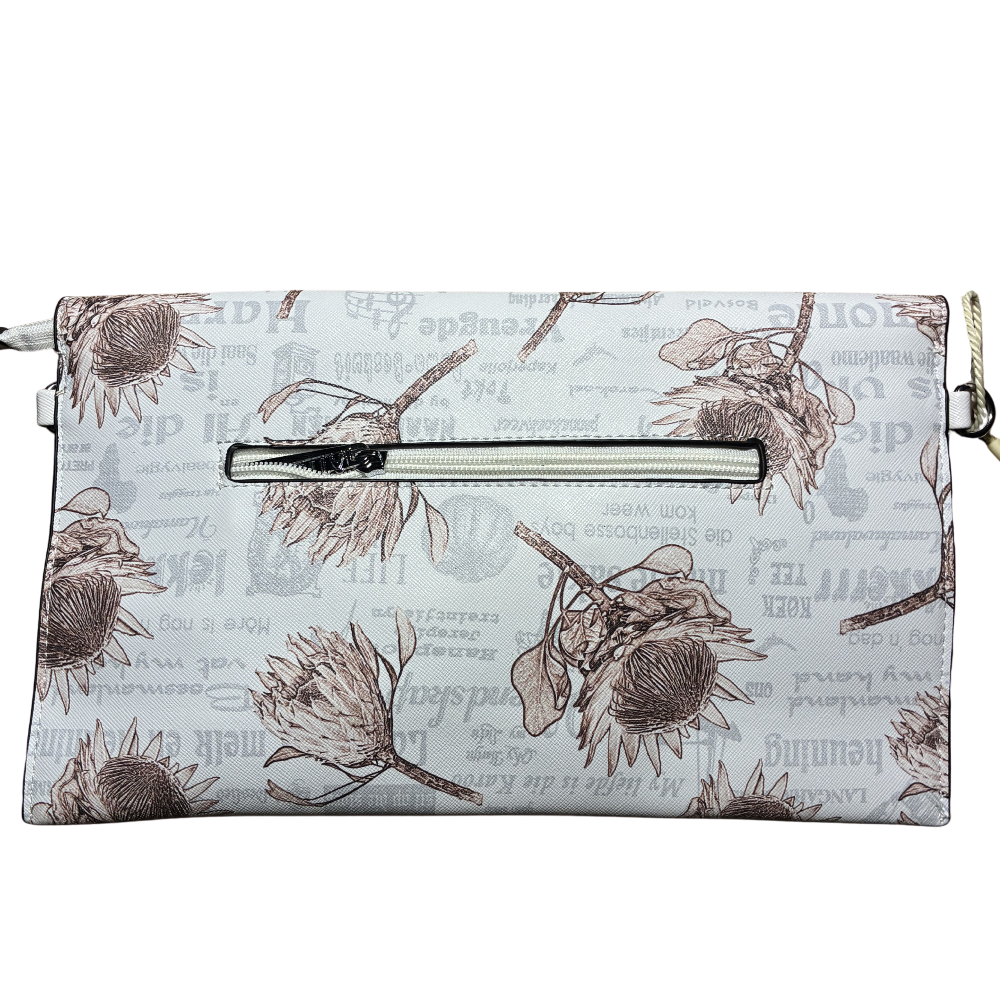 VIVACE CLUTCH BAG: WHITE FAUX Leather SLING BAG with BROWN PROTEA Print BACK