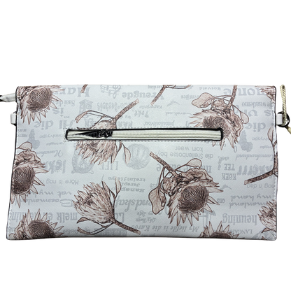 VIVACE CLUTCH BAG: WHITE FAUX Leather SLING BAG with BROWN PROTEA Print BACK