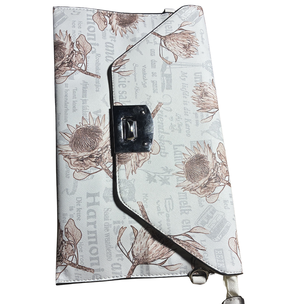 VIVACE CLUTCH BAG: WHITE FAUX Leather SLING BAG with BROWN PROTEA Print CLOSED