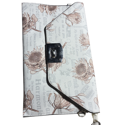 VIVACE CLUTCH BAG: WHITE FAUX Leather SLING BAG with BROWN PROTEA Print CLOSED
