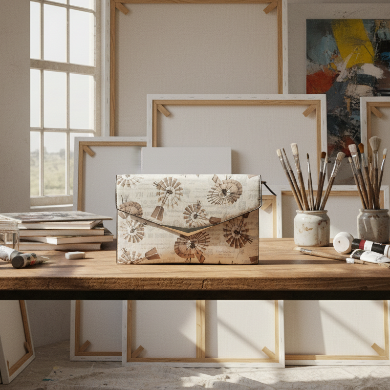 VIVACE CLUTCH BAG: WHITE FAUX Leather SLING BAG with BROWN PROTEA Print DISPLAY