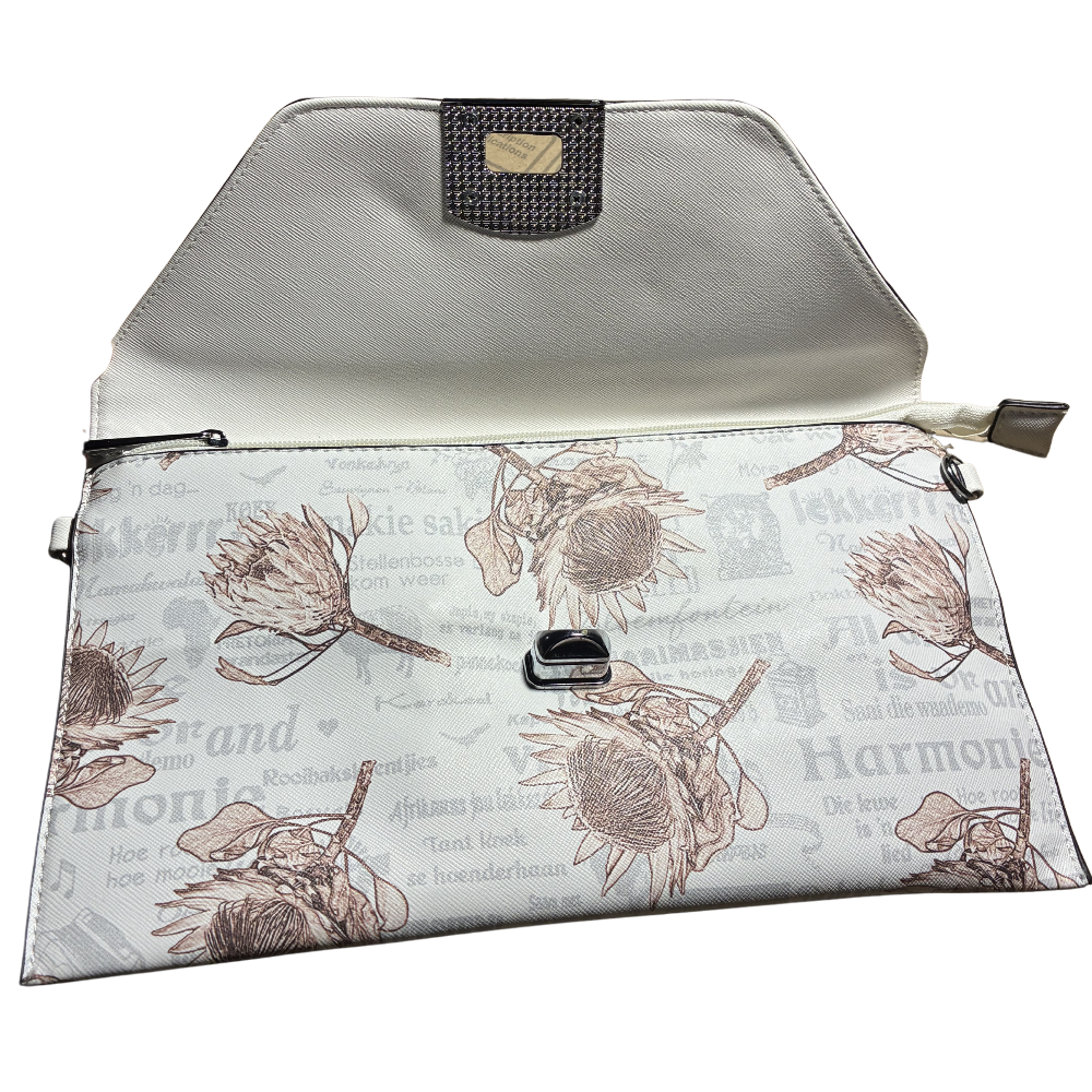 VIVACE CLUTCH BAG: WHITE FAUX Leather SLING BAG with BROWN PROTEA Print FLAP OPEN