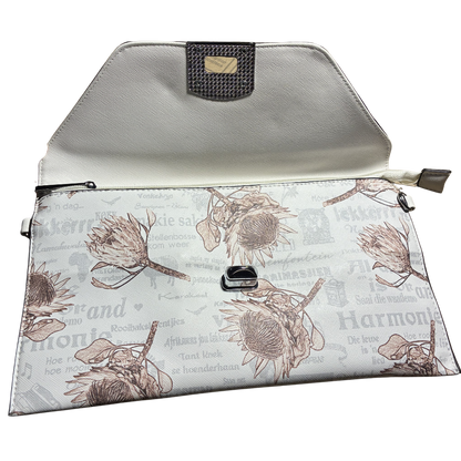 VIVACE CLUTCH BAG: WHITE FAUX Leather SLING BAG with BROWN PROTEA Print FLAP OPEN