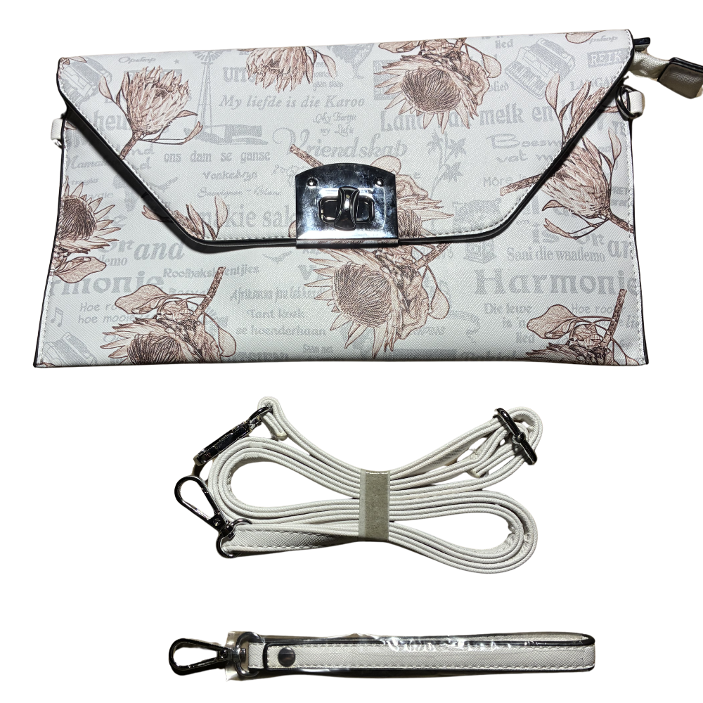 VIVACE CLUTCH BAG: WHITE FAUX Leather SLING BAG with BROWN PROTEA Print FLAP SET