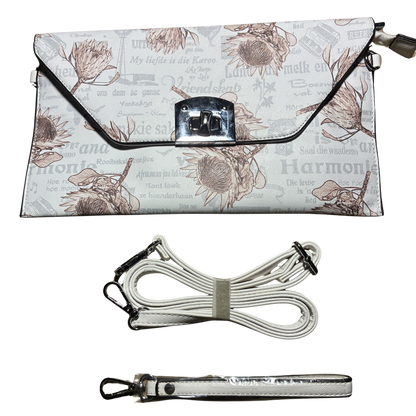 VIVACE CLUTCH BAG: WHITE FAUX Leather SLING BAG with BROWN PROTEA Print FLAP SET