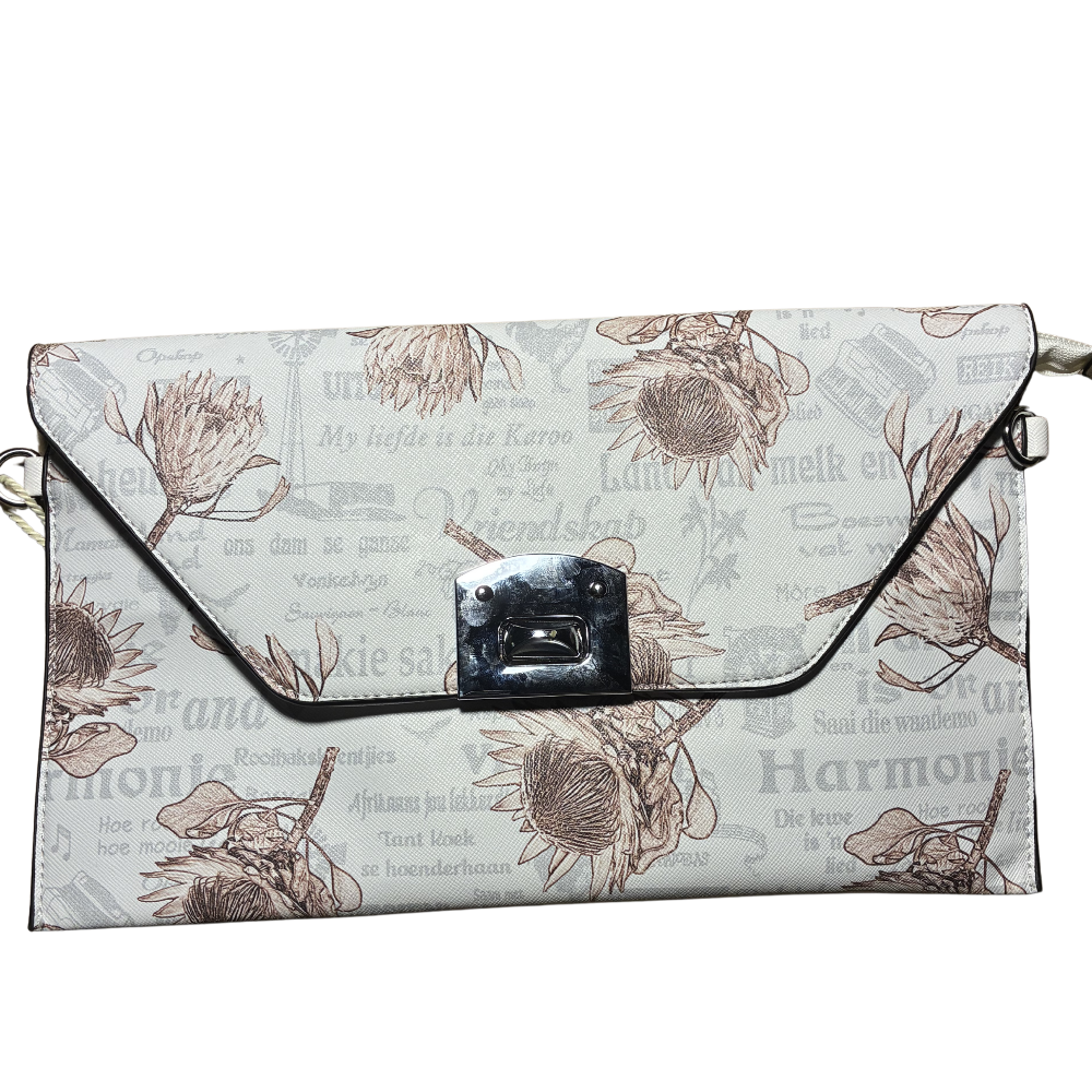 VIVACE CLUTCH BAG: WHITE FAUX Leather SLING BAG with BROWN PROTEA Print FRONT