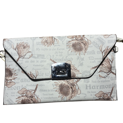 VIVACE CLUTCH BAG: WHITE FAUX Leather SLING BAG with BROWN PROTEA Print FRONT