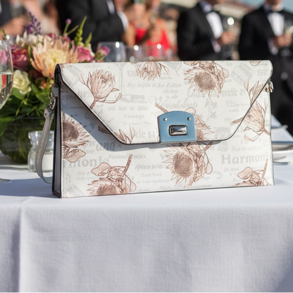 VIVACE CLUTCH BAG: WHITE FAUX Leather SLING BAG with BROWN PROTEA Print LIFESTYLE