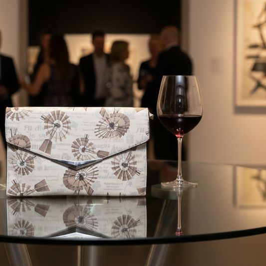 VIVACE CLUTCH BAG: WHITE FAUX Leather SLING BAG with BROWN PROTEA Print LIFESTYLE GALLERY