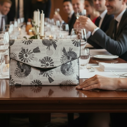 VIVACE CLUTCH BAG: WHITE FAUX Leather SLING BAG with BROWN PROTEA Print LIFESTYLE VIEW