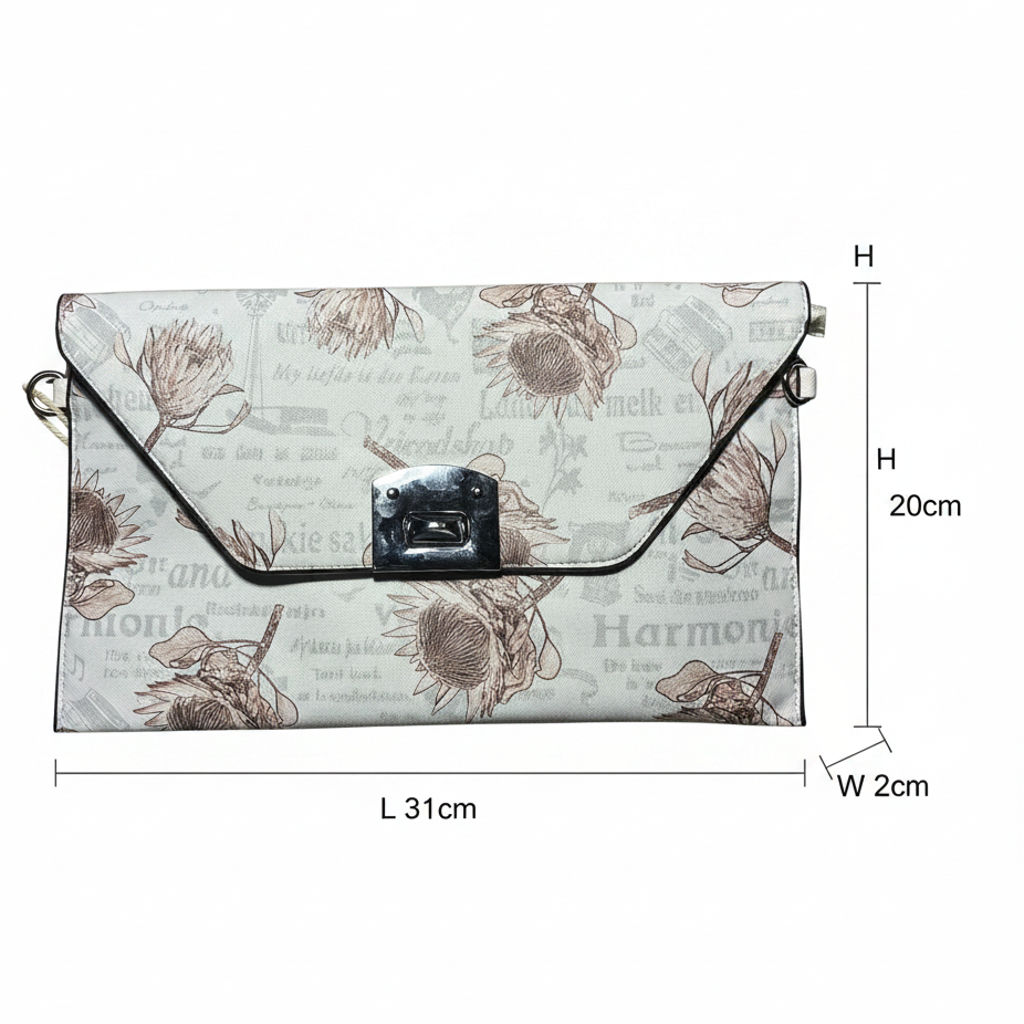 VIVACE CLUTCH BAG: WHITE FAUX Leather SLING BAG with BROWN PROTEA Print SIZE