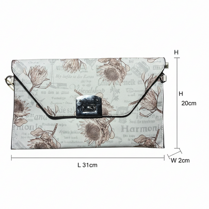 VIVACE CLUTCH BAG: WHITE FAUX Leather SLING BAG with BROWN PROTEA Print SIZE