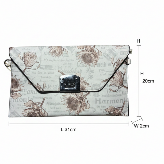 VIVACE CLUTCH BAG: WHITE FAUX Leather SLING BAG with BROWN PROTEA Print SIZE