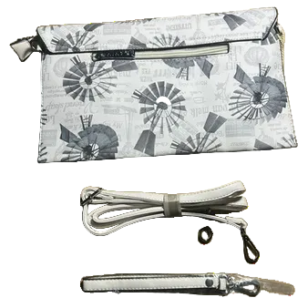 VIVACE CLUTCH BAG: WHITE FAUX Leather SLING BAG with GREY WINDMILL Print BACK 