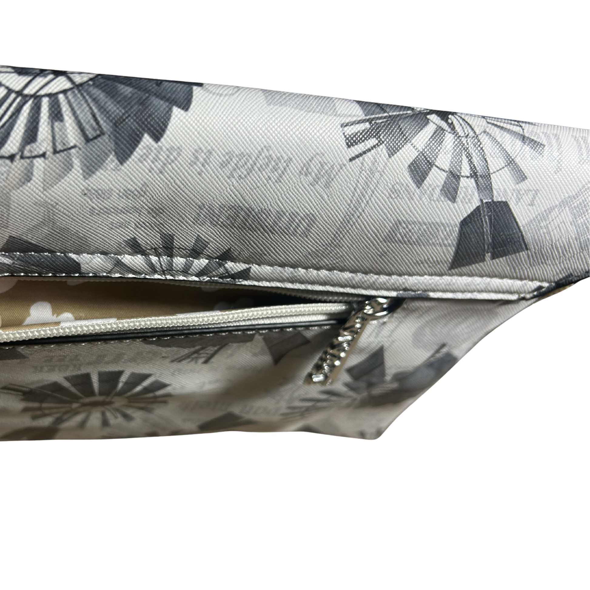 VIVACE CLUTCH BAG: WHITE FAUX Leather SLING BAG with GREY WINDMILL Print BACK POCKET OPEN